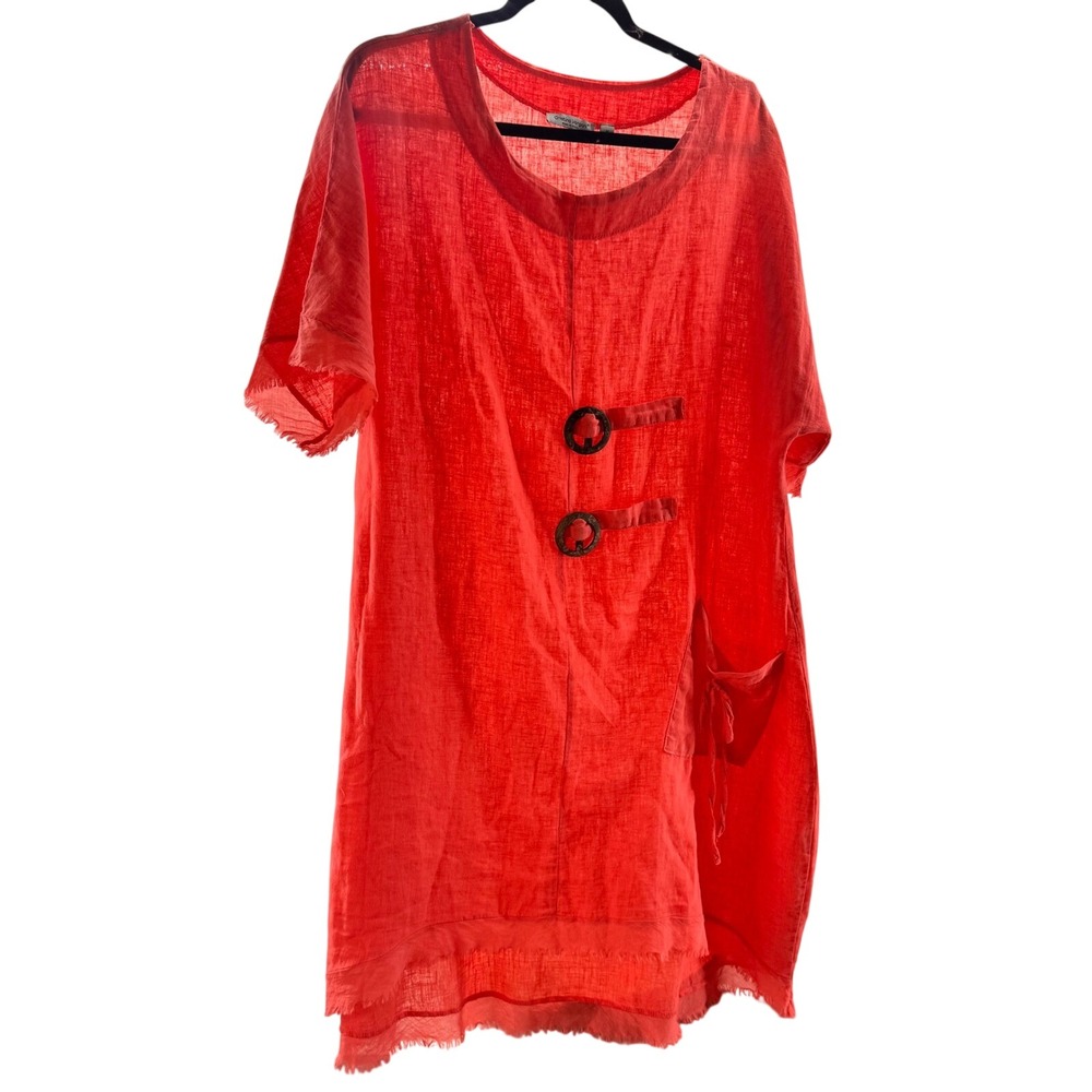 Cristina Vergani Italy Coral Linen Cotton Frayed Tunic Dress Size M